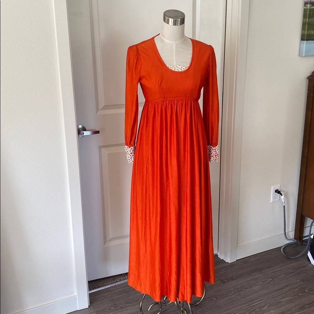 Vintage 1970s Freda Detroit Orange Empire Waist Lace Dress